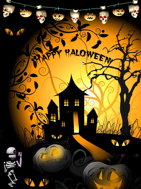 Dom strachów i napis happy halloween